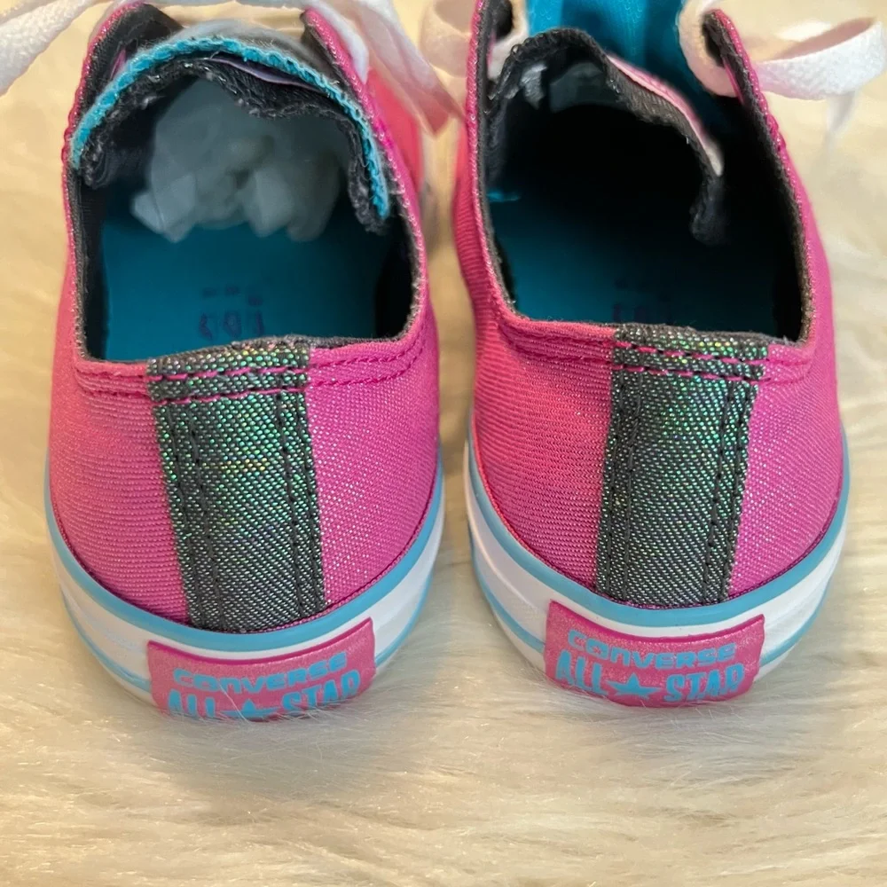 Converse All Star Sneakers Shoes Size 2 Youth Pink Sparkle Shine Double Tongue
